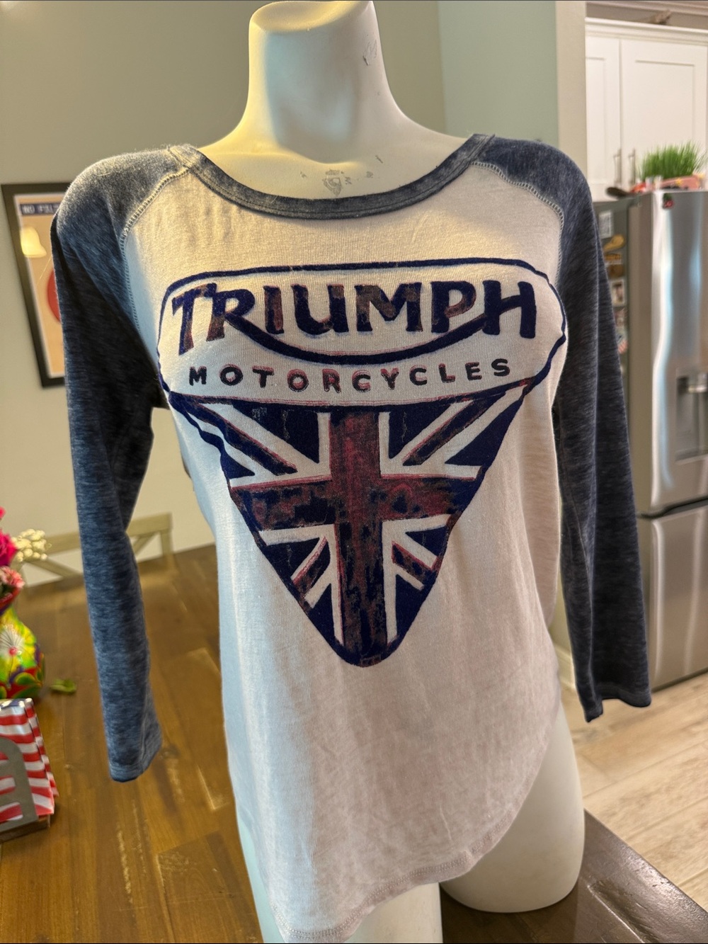 Lucky Brand White and Navy Triumph Motorcycles Raglan Long Sleeve Tee